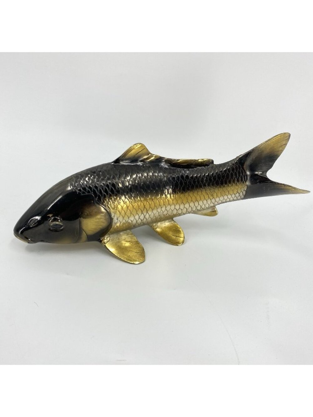 Two Tone Metal Koi Carp Fish Black Gold Statue Figure 11" Long READ